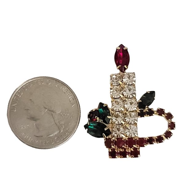 Gold Tone Red Clear Green Rhinestone Christmas Candle Brooch Pin K677 - Picture 5 of 8